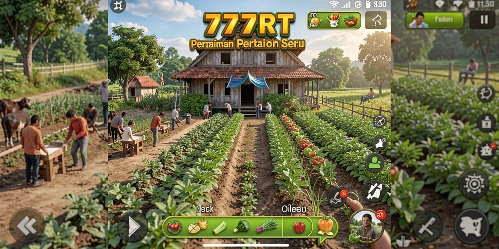 Screenshot gameplay 777RT yang menampilkan kebun yang luas dan beragam tanaman.