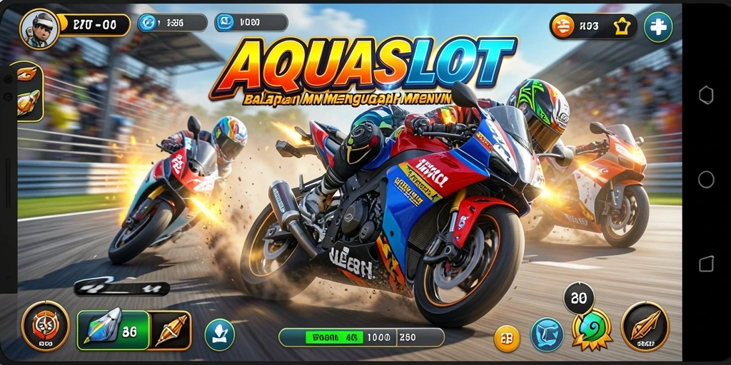 Tangkapan layar gameplay AQUASLOT yang menampilkan aksi balapan motor yang mendebarkan.
