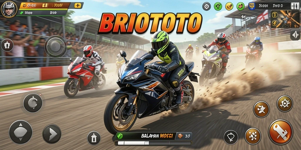 Tampilan gameplay BRIOTOTO yang penuh aksi balapan motor.