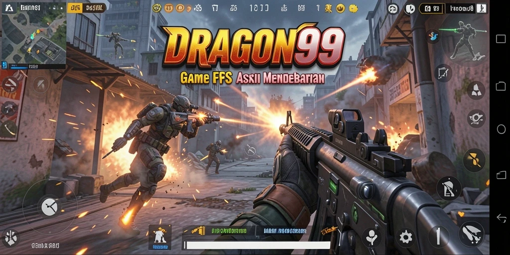 Screenshot utama DRAGON99 menampilkan aksi gameplay FPS yang mengesankan.