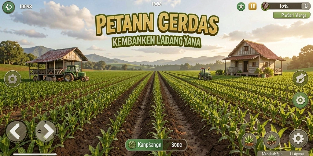 Tampilan gameplay ID098 dengan ladang yang subur dan hewan ternak yang ceria.