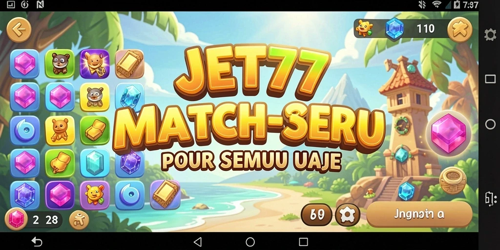 Tampilan gameplay seru di JET77, dengan banyak tantangan match-3.
