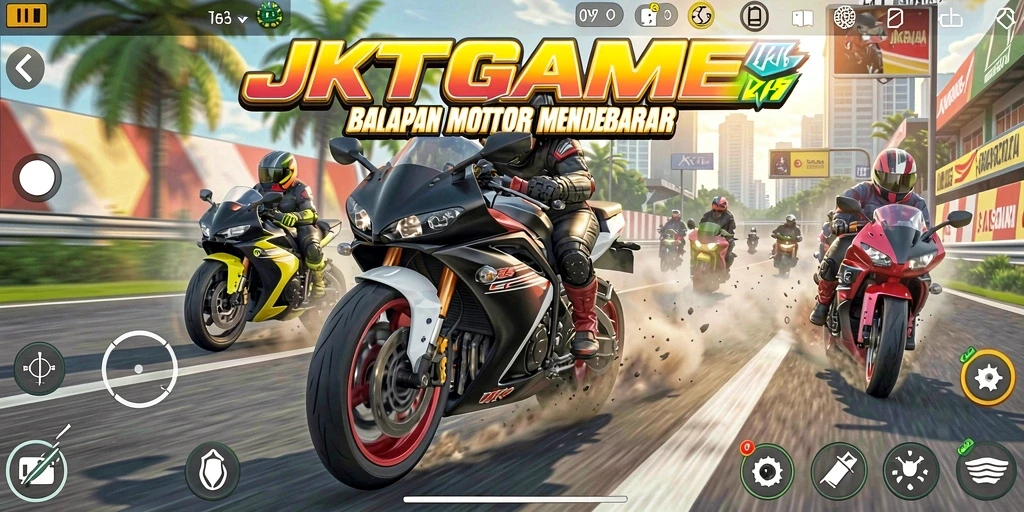Screenshot utama JKTGAME menunjukkan aksi balapan motor yang mendebarkan.