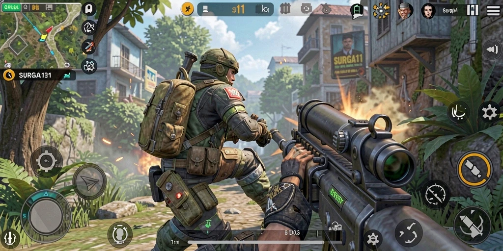 Screenshot SURGA11 menunjukkan aksi tembak-menembak yang intens dan grafis menawan.
