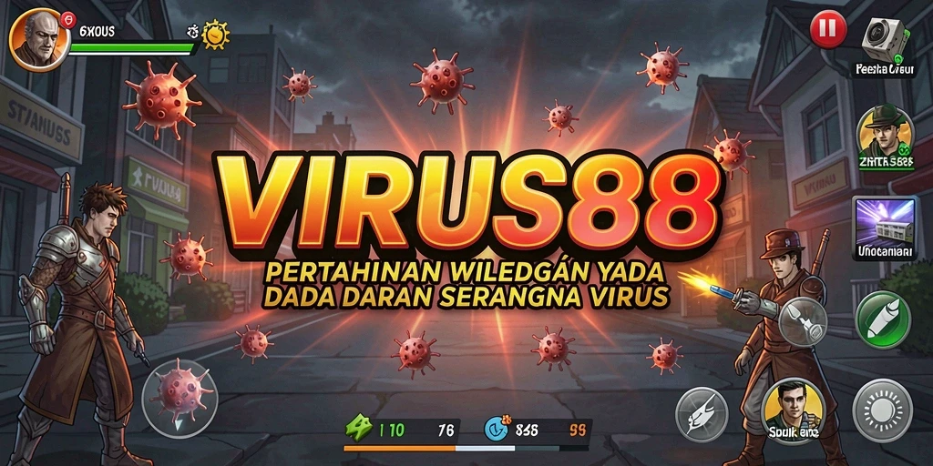 Tampilan utama gameplay VIRUS88 yang mendebarkan dalam Tower Defense.